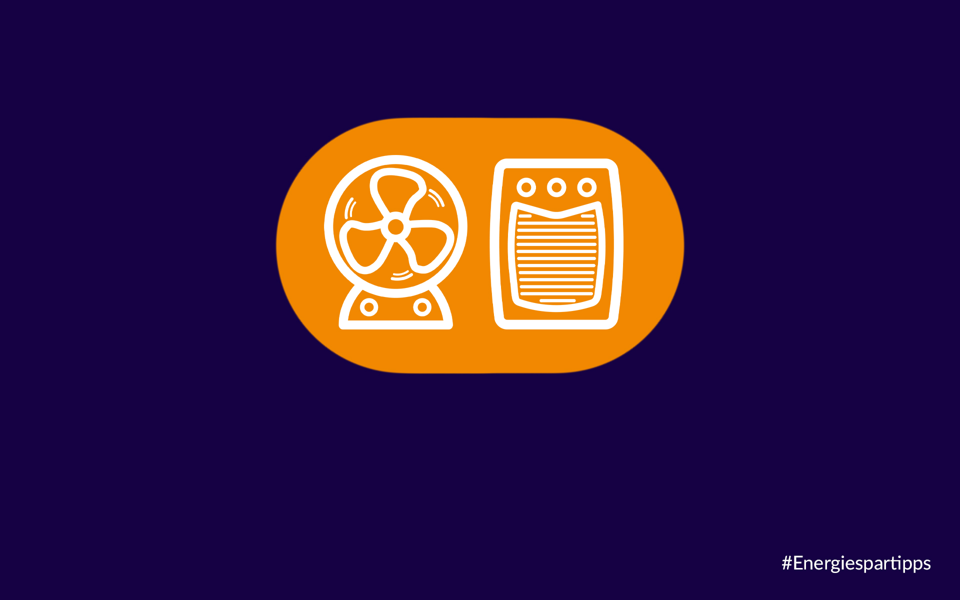 Piktogramm eines Ventilators und Heizlüfters in den Farben weiß, orange und dunkelblau.